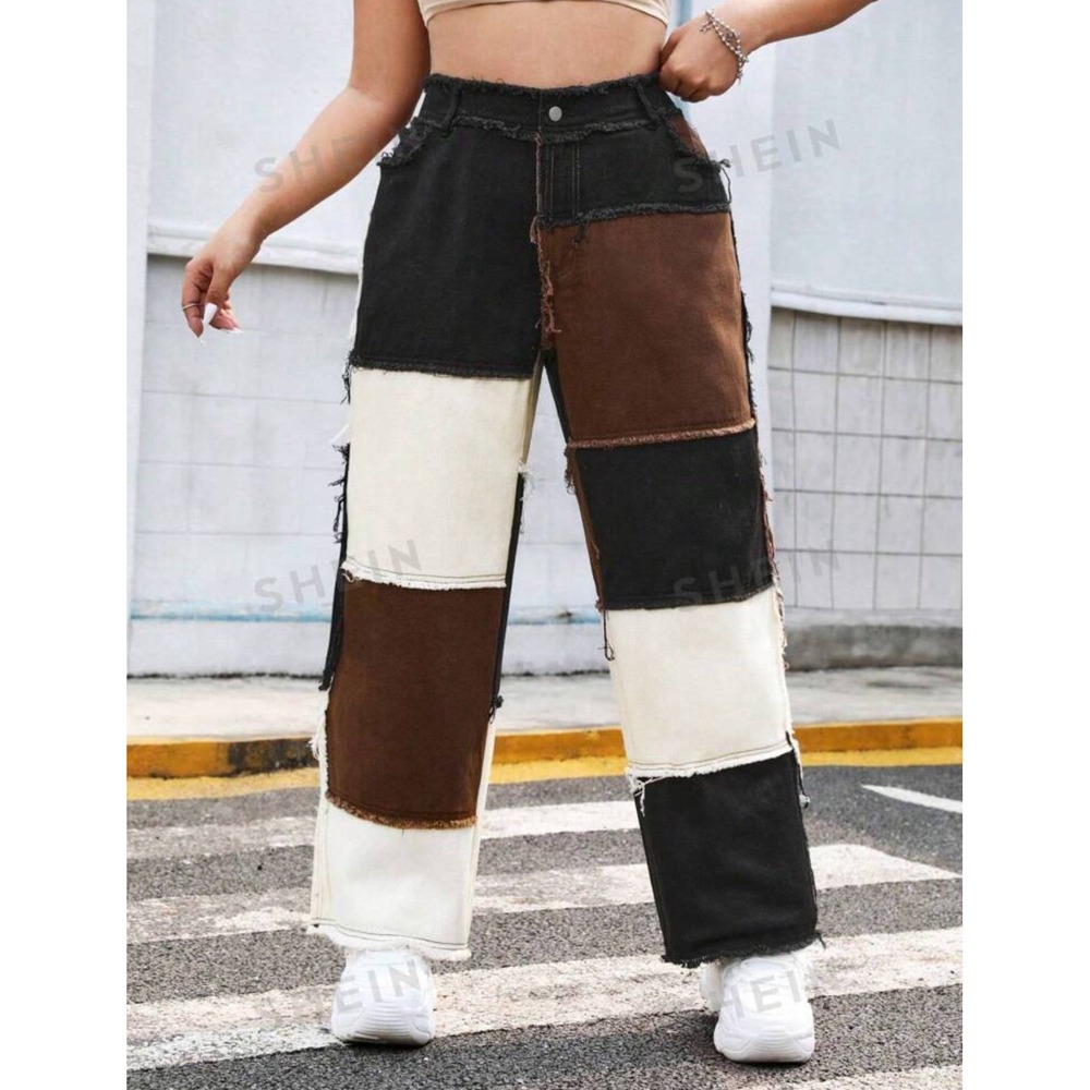 SHEIN size Large Colorblock Top-stitching Wide Leg Jeans